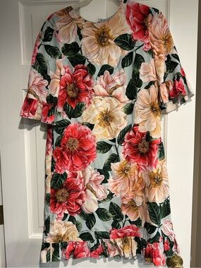 Dolce & Gabbana Floral Ruffle Dress in pink, Cream & Green